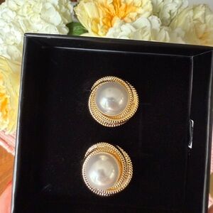 Gold and Cream Pearl Earrings with Textured Metalwork